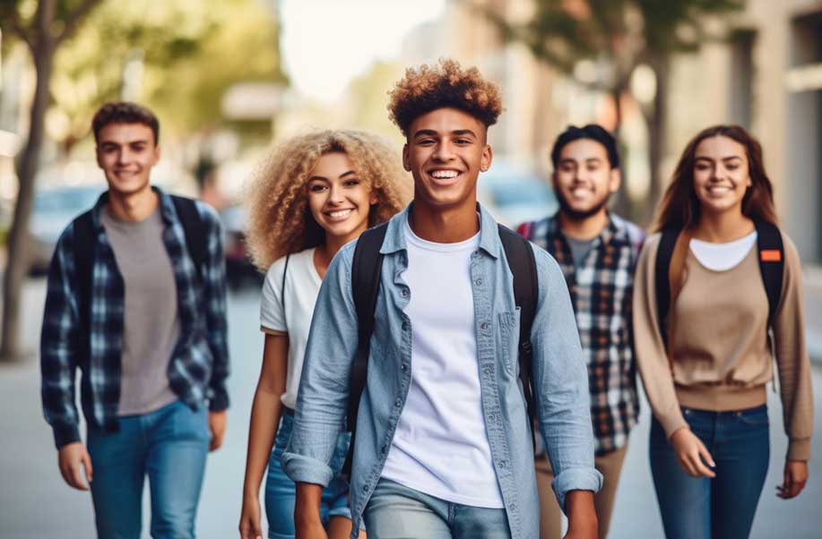 Group of smiling teens walking down a street toward the camera.
