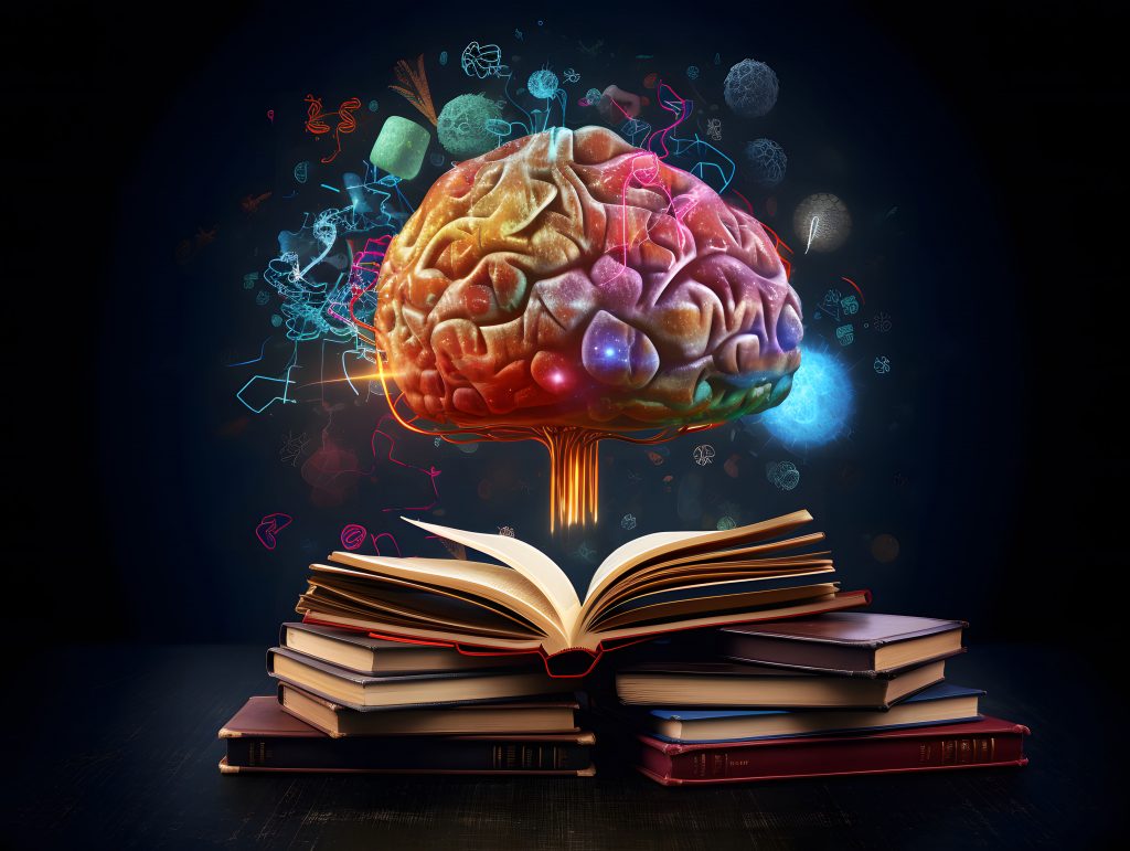 An art image of a brain floating above books with ideas and innovations floating around the brain.
