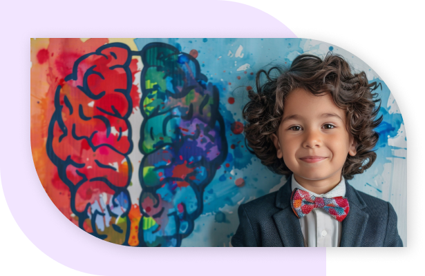 Image of boy standing next to an artwork brain. The boy has a suit on with a bowtie and poofy, curly hair.