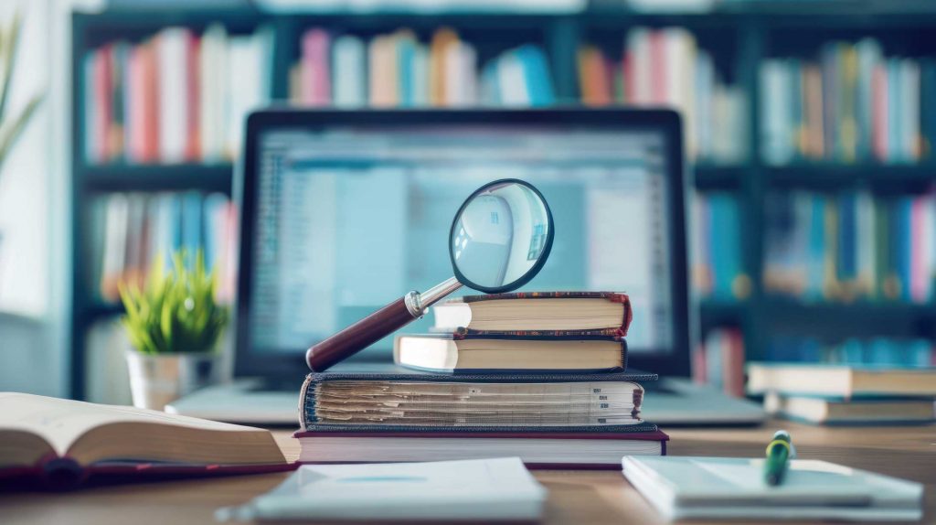 A magnifying glass on top of a stack of books. There is a laptop in the background and a shelf full of books further back.